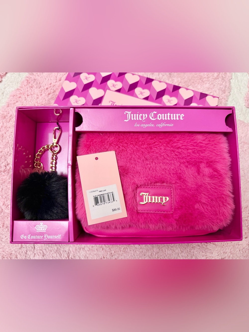 Juicy Couture Free Love Hot Pink Faux Fur Crossbody Bag w/ Black Pom Pom Charm
